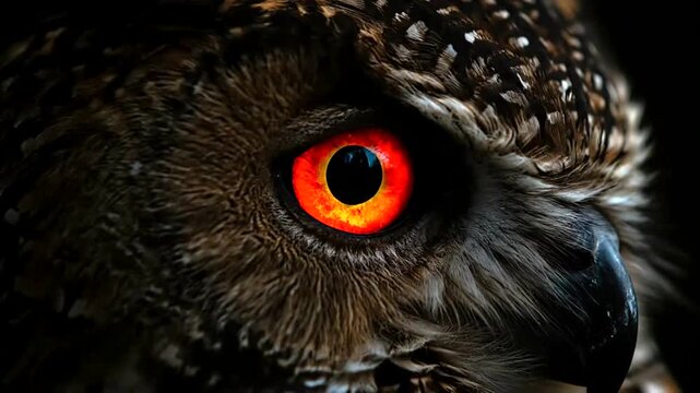 Intense Close-Up of Owls Fiery Eye in Dramatic Darkness.