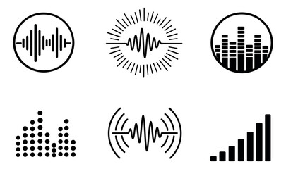 Fototapeta premium Minimalist audio sound wave icons set featuring different frequency, volume, and equalizer illustrations for music and technology design projects