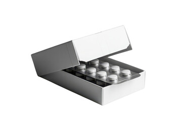 Open medicine box with pills isolated on transparent background