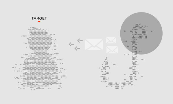 Targeted phishing attack concept with user profile and email icons composed of binary code. Professional visual representing social engineering threats, data privacy breaches, and hacker activity.