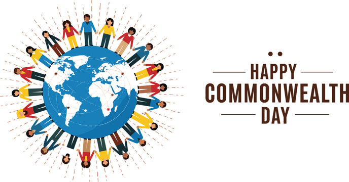 Detailed advocacy vector for Happy Commonwealth Day featuring a global human chain, earth globe, and radiant sunburst background.