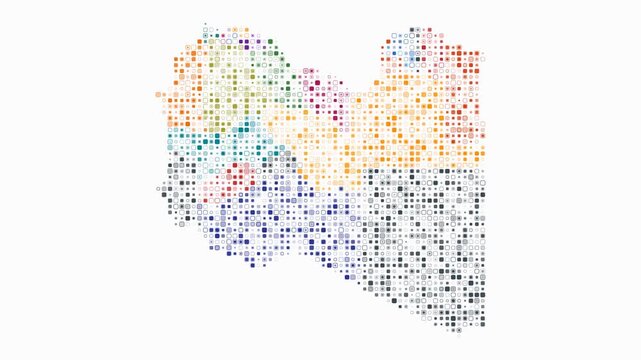 Libya animated country shape. Pulsating colored dots on the map of the country. Small size rounded square blocks. Digital style Libya map on white background. Artistic animation video.