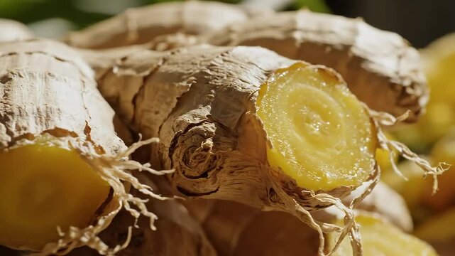 Fresh Ginger Root Macro Close Up Loopable Animation with Natural Sunlight and Shadow Botanical Ingredient in Detailed