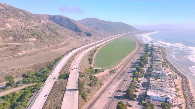 Aerial view of Highway 1, Rincon Beach Park and Santa Barbara Channel, California.