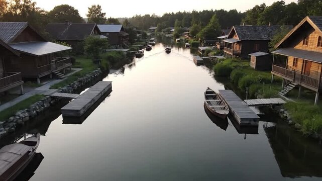 top down drone view serene waterfront settlement calm rivers canals used for transport wooden boats moving slowly houses lining water docks visible peaceful early daylight cinematic framing smooth dro
