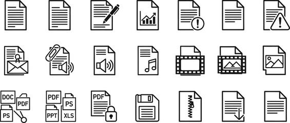 document icons with various file types and symbols