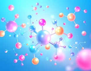 A vibrant, abstract illustration featuring interconnected, spherical molecular structures in a gradient blue background. The illustration displays a scientific theme