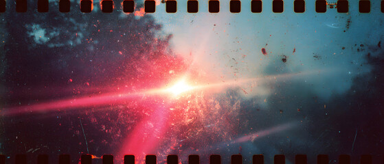 Film strip with light leaks scratches dust and burn effects on dark background retro analog style