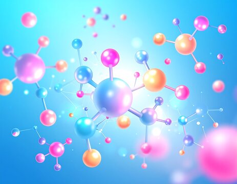 A vibrant, abstract illustration featuring interconnected, spherical molecular structures in a gradient blue background. The illustration displays a scientific theme - Powered by Adobe