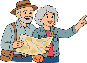 elderly couple traveling and holding map. map planning trip