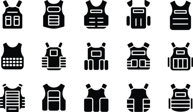 A grid of various black silhouette icons depicting different styles of bulletproof vests and body armor