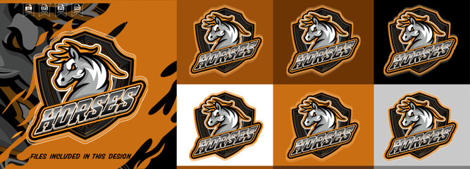 Animal horses mascot logo e-sports gaming emblem stallion head shield badge orange black Vector illustration concept editable template. Ideal for e-sports teams, gaming clans, sports branding. eps
