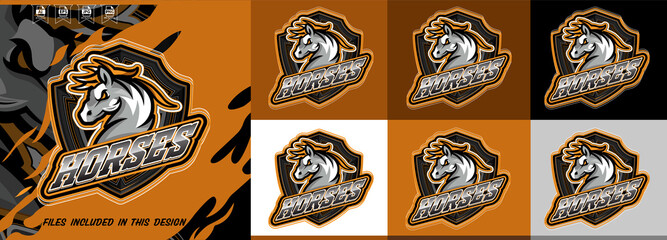 Animal horses mascot logo e-sports gaming emblem stallion head shield badge orange black Vector illustration concept editable template. Ideal for e-sports teams, gaming clans, sports branding.