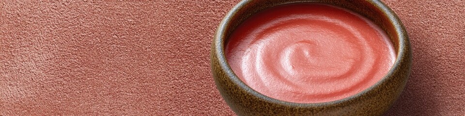 Fototapeta premium Pink Cosmetic Cream or Smooth Puree in Bowl on Red Sand Texture