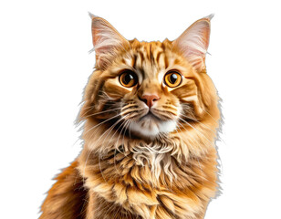 Fototapeta premium Portrait of a fluffy, golden-orange feline with striking eyes against a stark black background