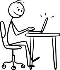 Fototapeta premium A happy stick figure person sits at a desk working on a glowing laptop computer with inspiration