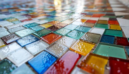 カラフルなガラスのモザイクの画像　ステンドグラス　タイル