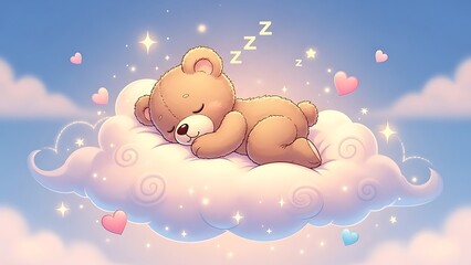 Cute teddy bear sleeping peacefully on a fluffy white cloud with hearts and stars in a serene blue sky with soft pink clouds