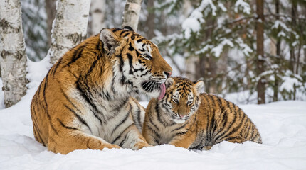 Siberian Tiger Mother Grooming Cub In Winter Forest