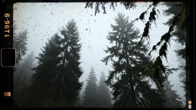 View of Evergreen Trees in Foggy Forest on Vintage Film Style Effect