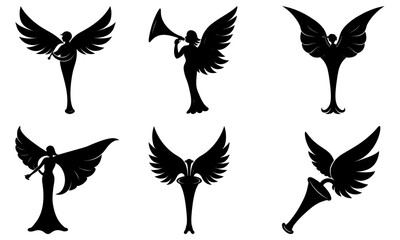 Obraz premium Six Black Silhouettes of Angels Playing Musical Instruments on Transparent Background