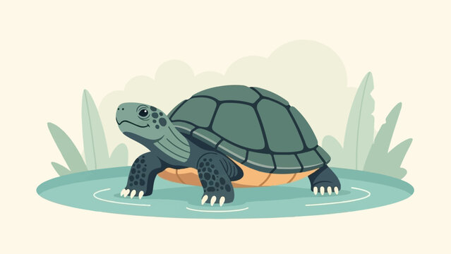 A stylized turtle walks through water with green plants behind it