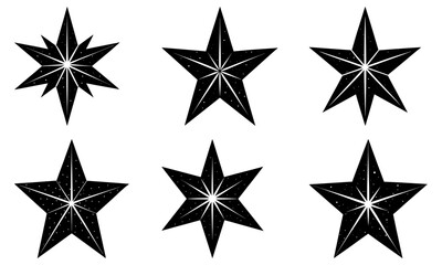 Five Black Star Silhouettes with White Dotted Lines on Transparent Background