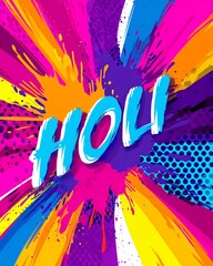 Explosive Color Burst HOLI Text with Vibrant Hues and Abstract Splatter Background Celebration