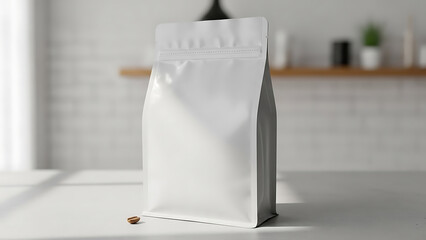 Clean standing pouch mockup placed in kitchen interior. Suitable for food packaging, coffee, tea, supplement, or organic product branding.