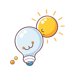 Fototapeta premium Cartoon Lightbulb and Sun with Smiling Faces and Positive Vibes