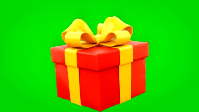 Red gift box with yellow ribbon on a green screen background.