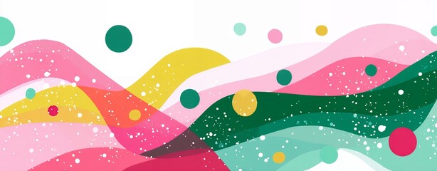 Abstract Waves and Circles Festive Pattern with Pink Yellow Green and Teal Colors