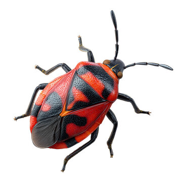 A vibrant firebug, pyrrhocoris apterus, showcasing its striking red and black patterns in intricate detail