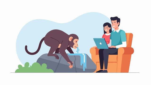 A monkey drinks water while a couple uses a laptop on a couch