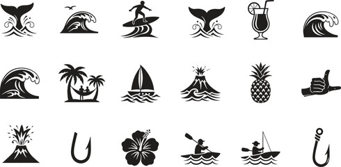 tropical vacation icons set with wave surf and palm tree