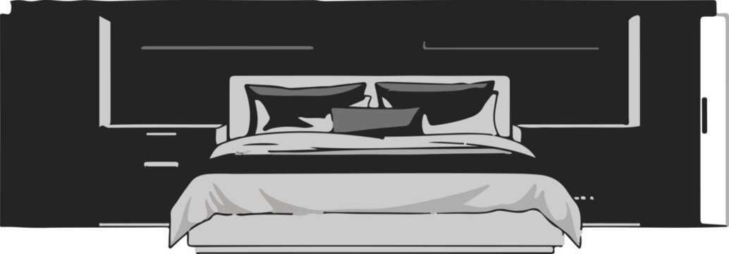 A minimalist grayscale illustration of a neatly made bed with pillows and a duvet
