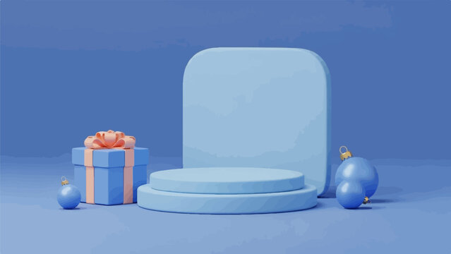 A minimalist blue display podium with a gift box and baubles