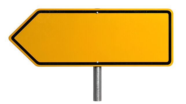 Blank yellow arrow road sign pointing left on a pole, ready for custom text