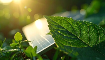 Renewable energy in nature: A vibrant photo captures a solar panel nestled amidst lush green foliage, bathed in warm sunlight, symbolizing a seamless blend of technology and the environment.
