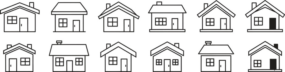 Various house icons in black and white line art style