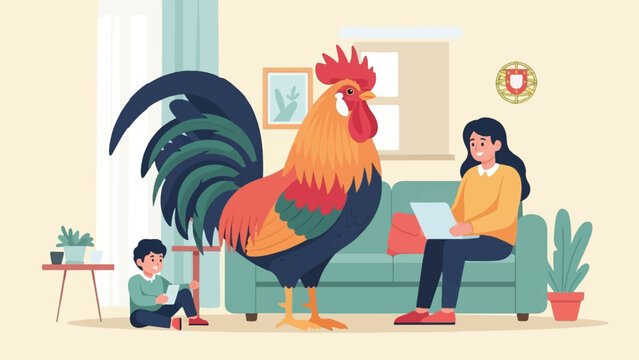 A large rooster stands indoors with a woman and child