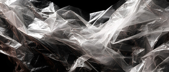 Crumpled transparent plastic film overlay on black background abstract texture minimalist