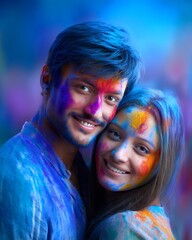 Joyful Couple Covered In Vibrant Holi Powder Smiling Close Up Portrait Blue Background