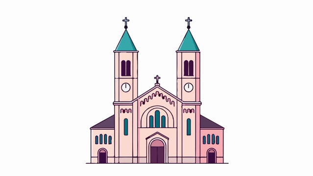 A stylized illustration of a pink church with two towers and teal roofs