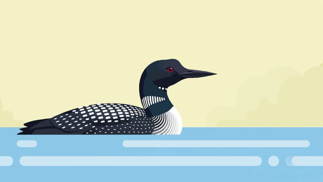A loon swims gracefully on calm, blue water under a pale yellow sky