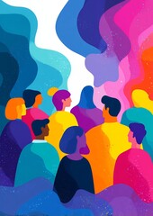 Diverse Group Of People Looking Up Towards Bright Colorful Abstract Background With Sparkles