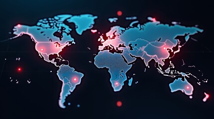Holographic world map with target markers representing cyber warfare strategy