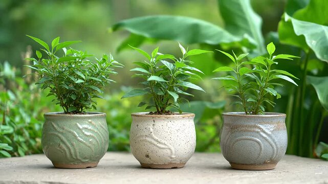Three small green plants in handcrafted ceramic pots displayed on stone surface showing eco friendly lifestyle decor