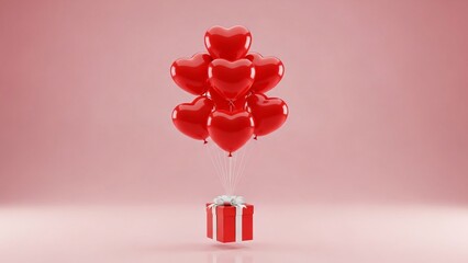 Cluster of red heart balloons floating above a gift box on a pink surface viewed from the front