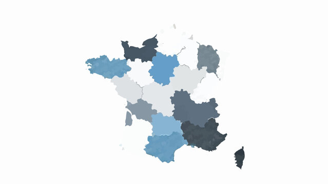 A map of France showing its administrative regions with varied color saturations